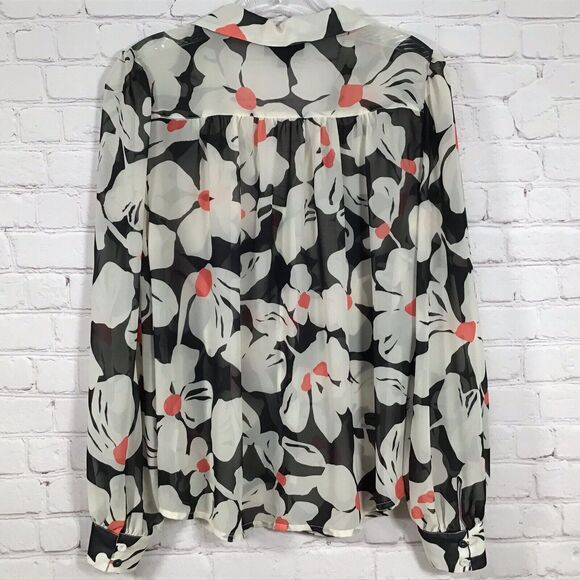 Modcloth Sheer Floral Button Front Blouse Womans Small Wide Collar Black Cream - Picture 4 of 8